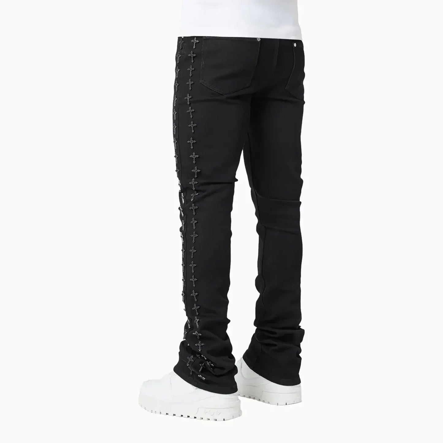 Men's All Black Crosses Embellished Denim Pant