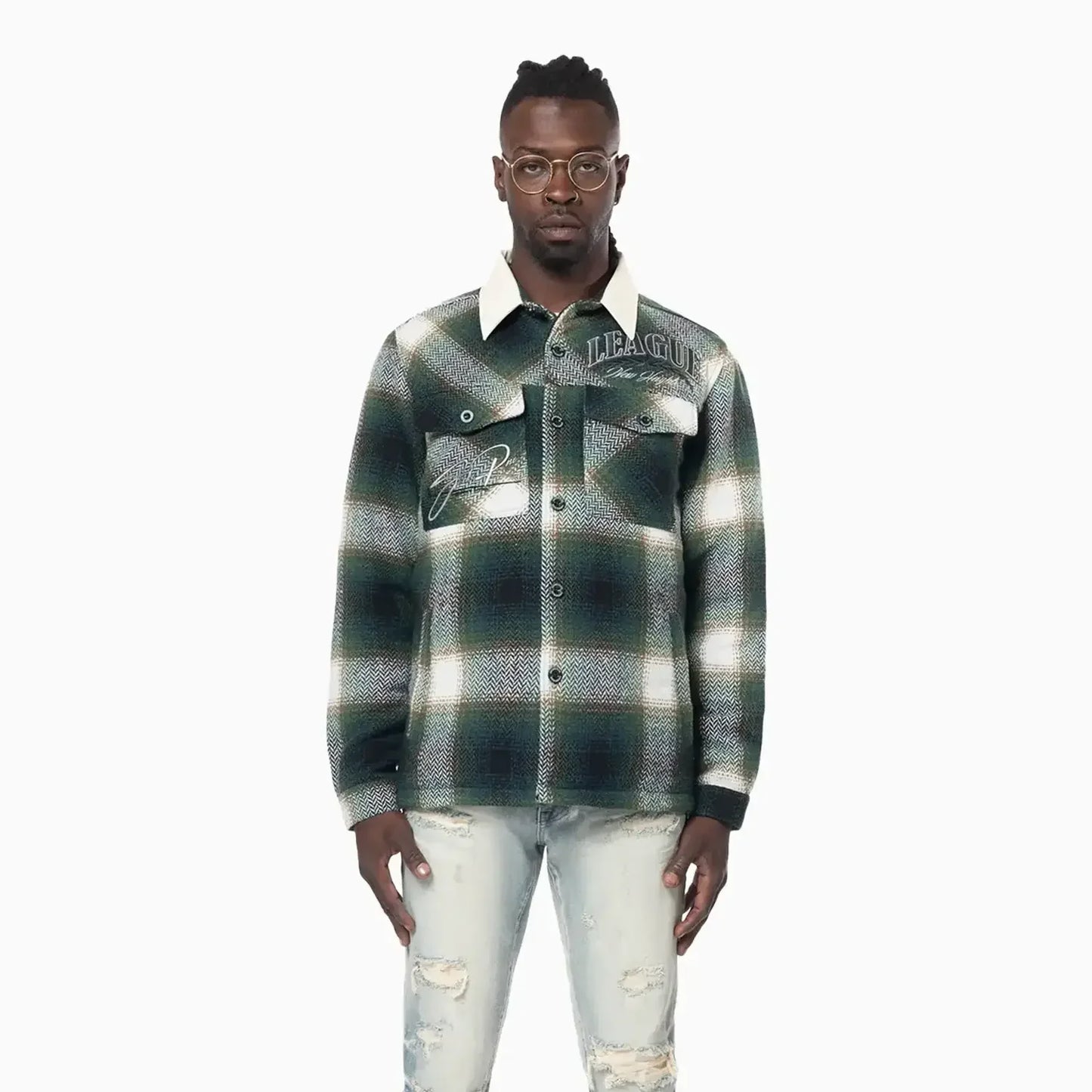 Men's Vegan Leather Collar Plaid Shacket Shirt