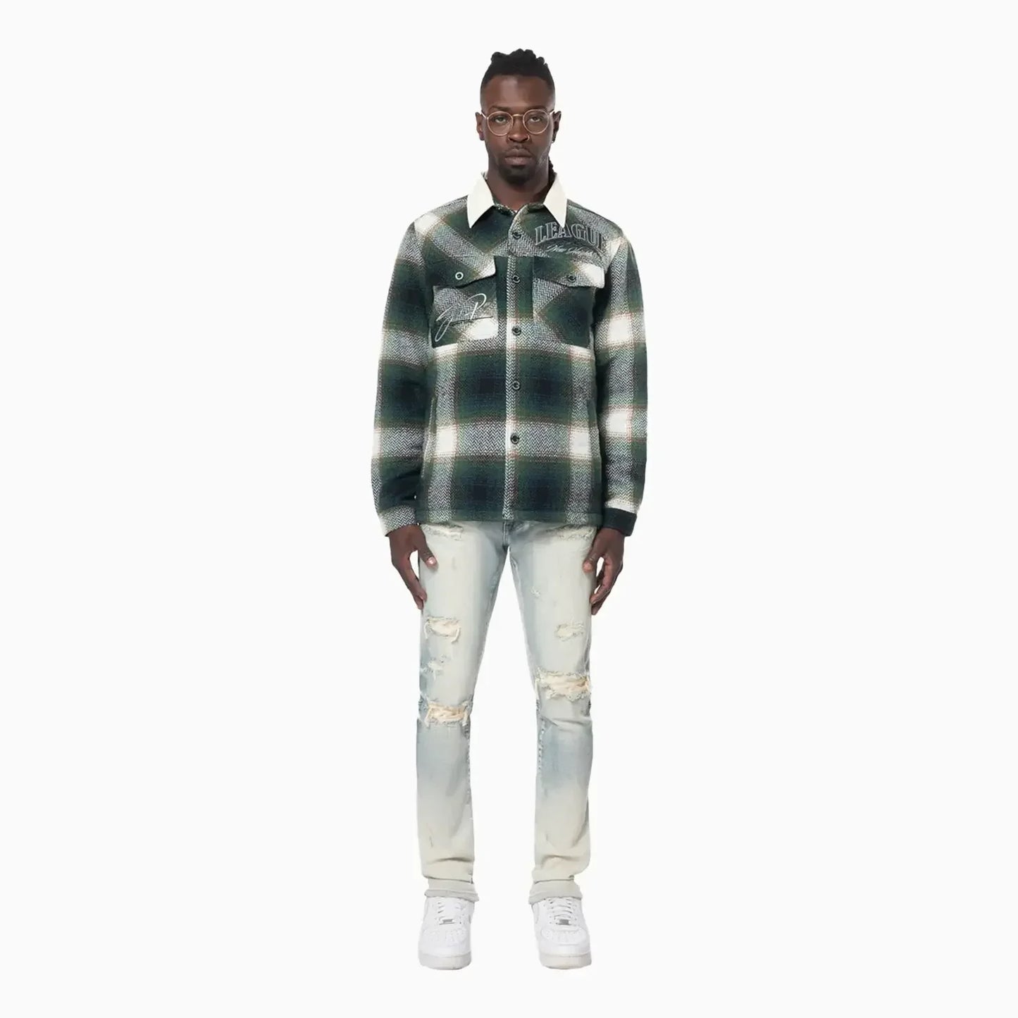 Men's Vegan Leather Collar Plaid Shacket Shirt