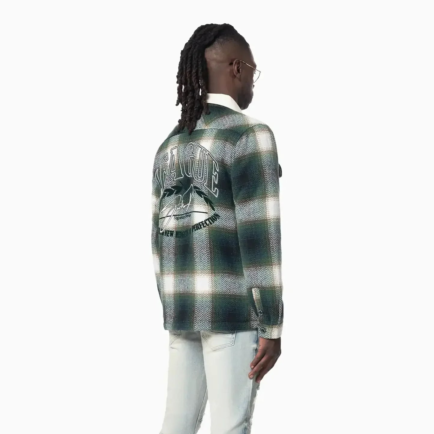 Men's Vegan Leather Collar Plaid Shacket Shirt