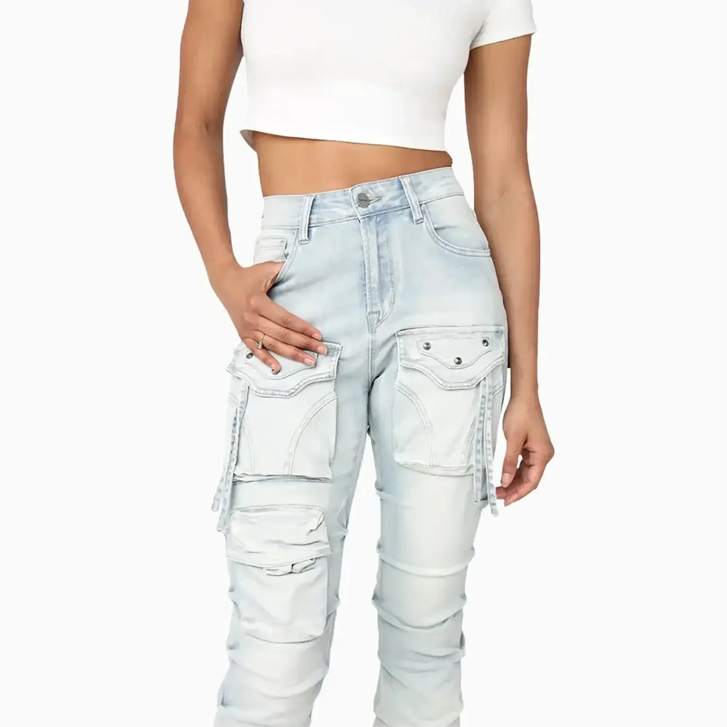 Women's High Rise Lightening Wash Stacked Jeans Pant