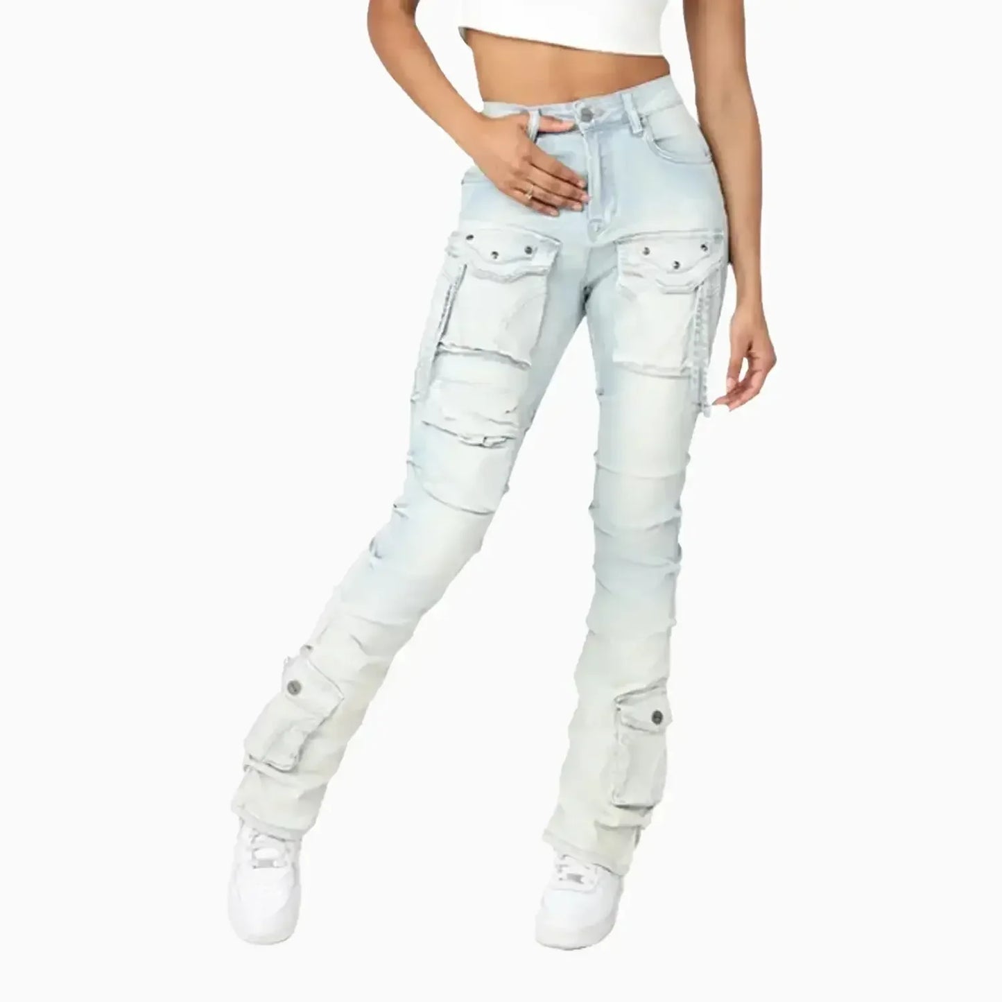 Women's High Rise Lightening Wash Stacked Jeans Pant