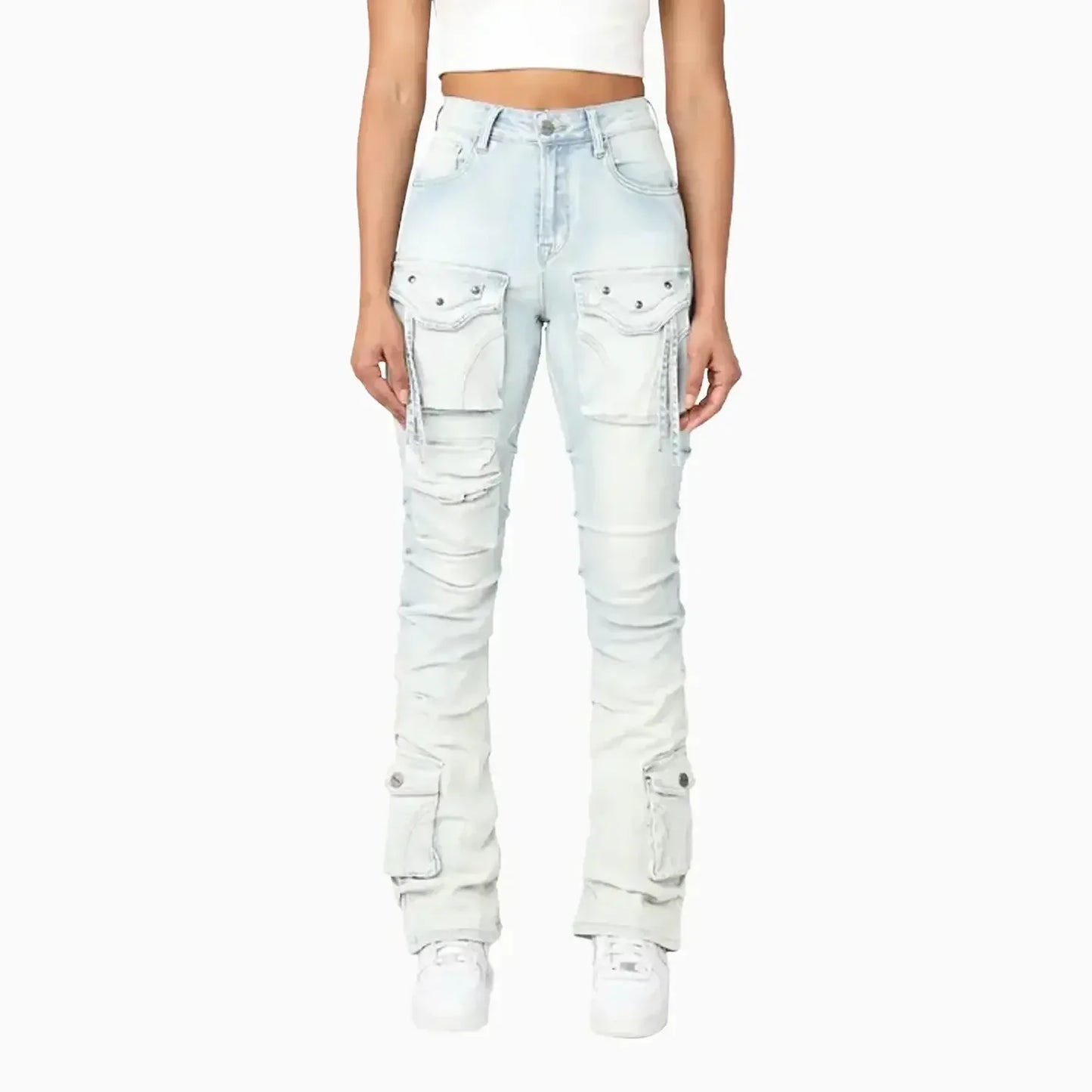 Women's High Rise Lightening Wash Stacked Jeans Pant