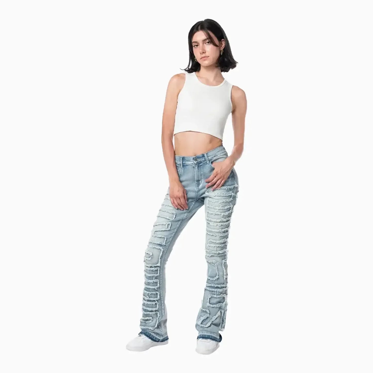 Women's High Rise Stacked Applique Jeans Pant