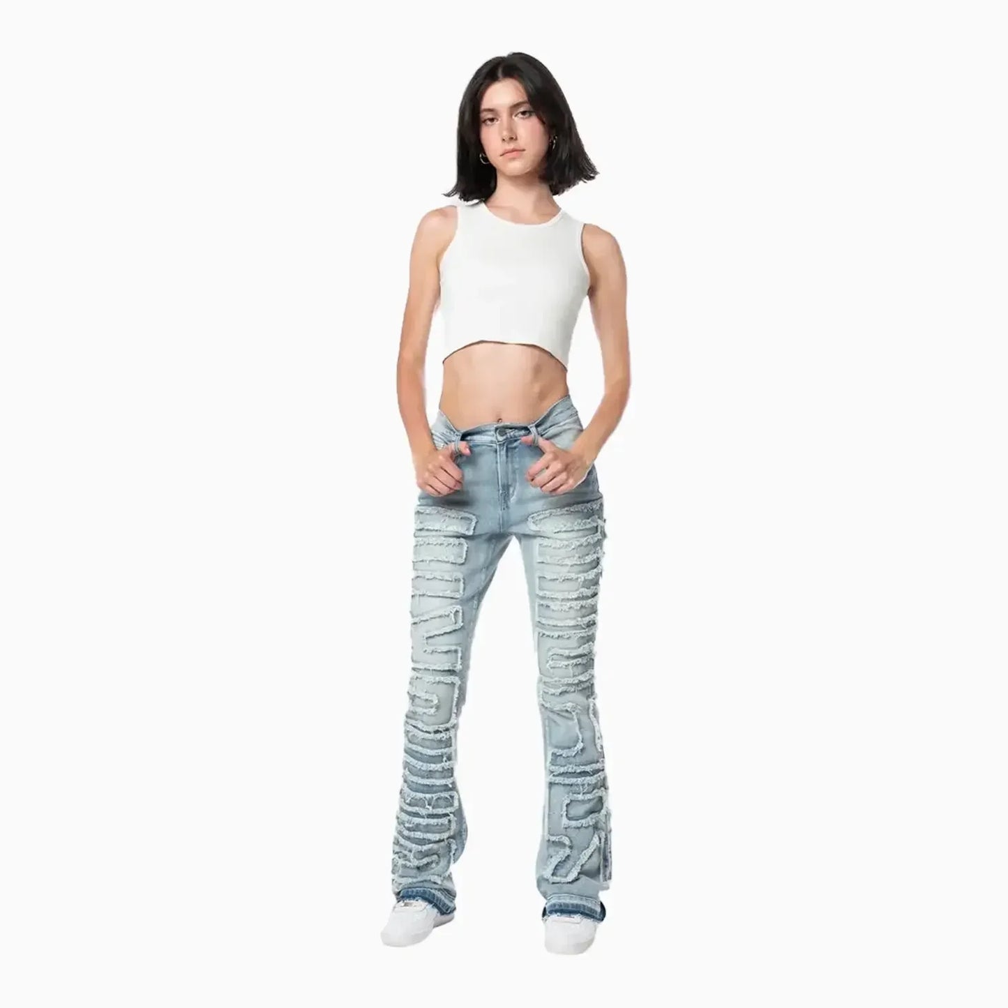 Women's High Rise Stacked Applique Jeans Pant