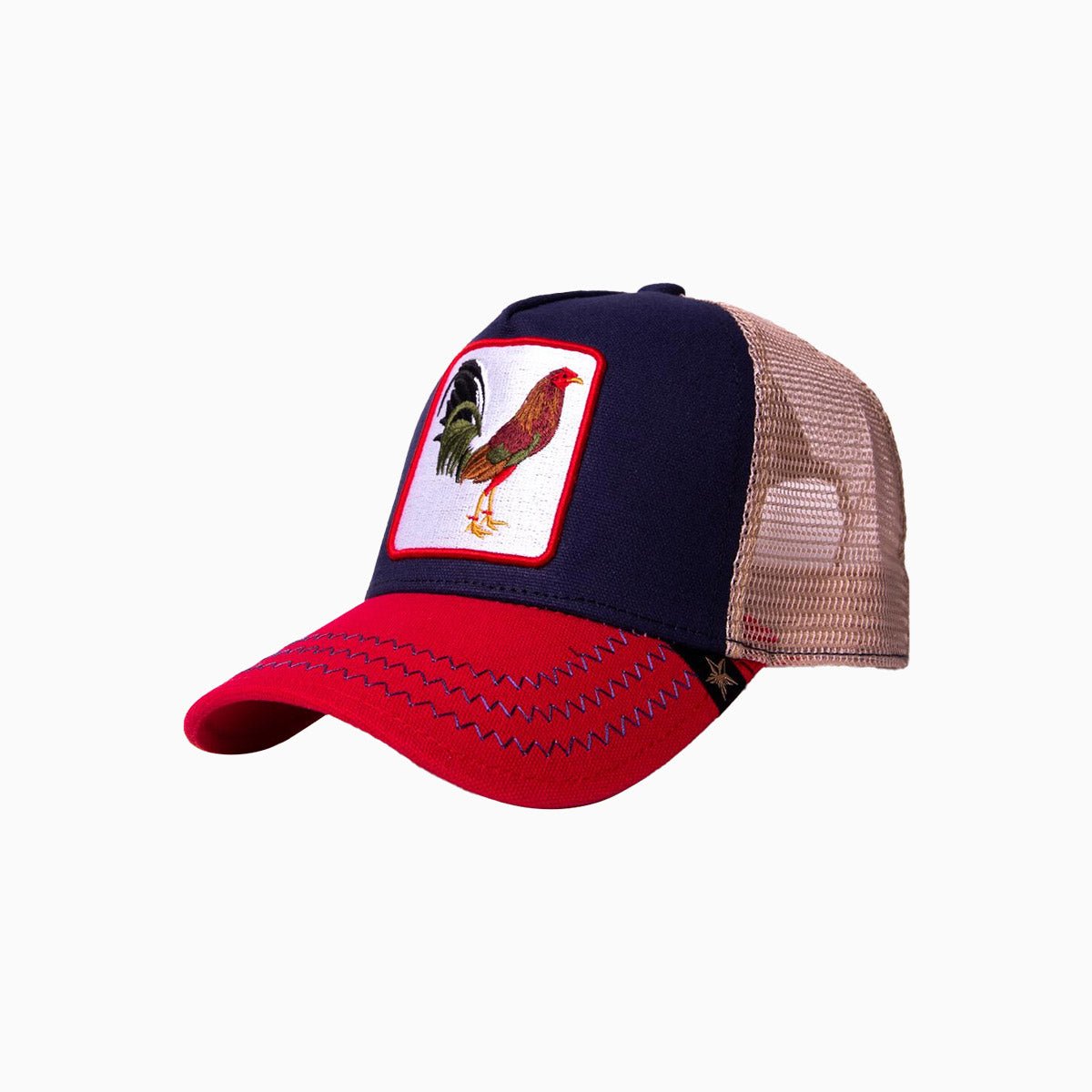 The Rooster Red Blue Beige Trucker Hat