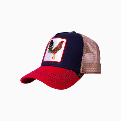 The Rooster Red Blue Beige Trucker Hat