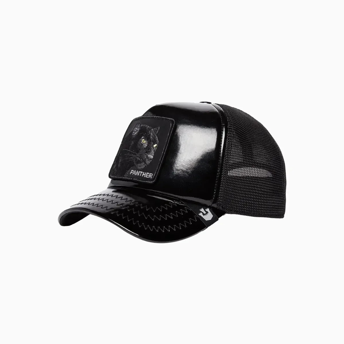 Obsidian Panther Puff Patent Trucker Hat