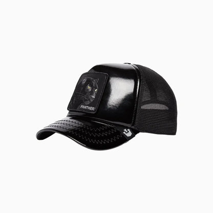 Obsidian Panther Puff Patent Trucker Hat