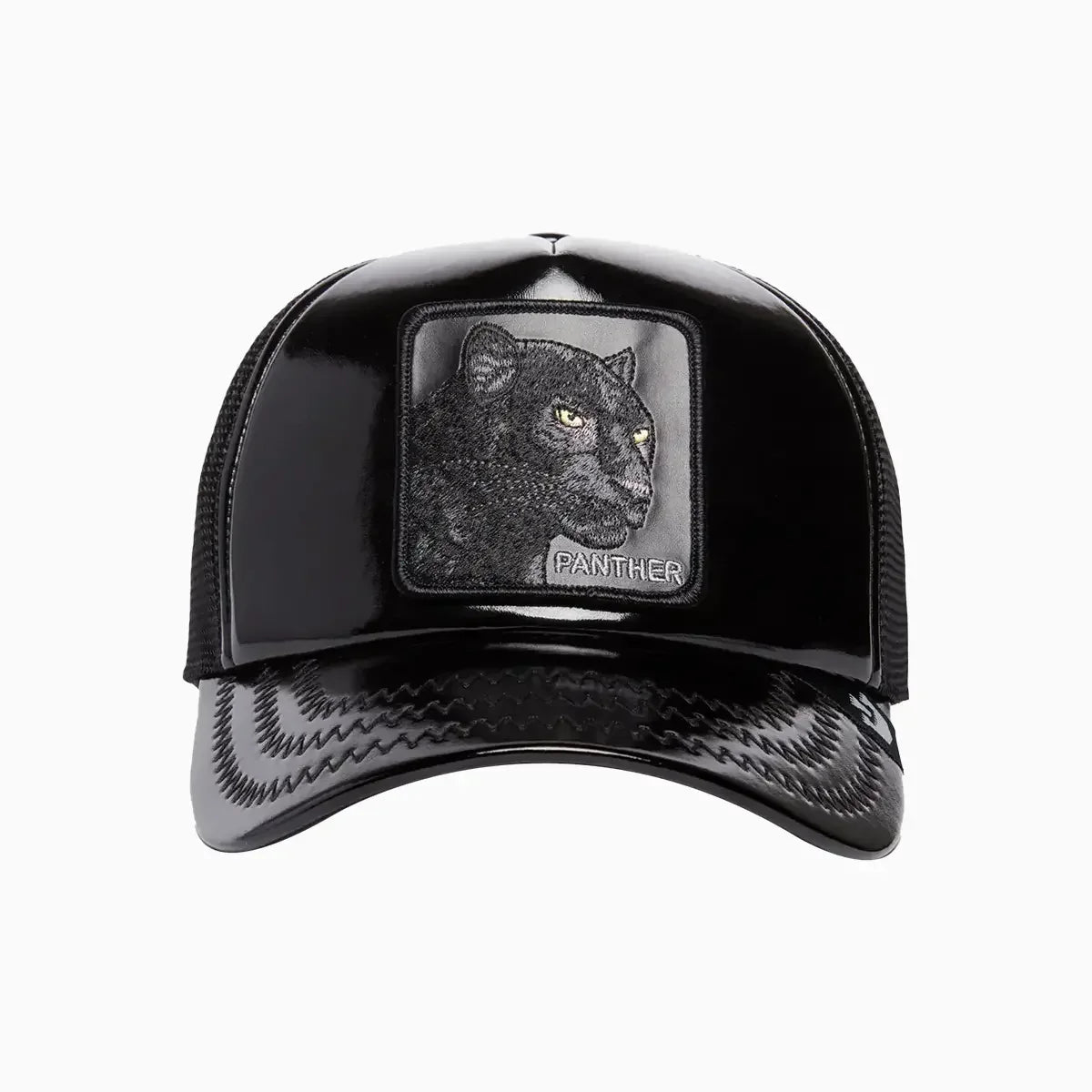 Obsidian Panther Puff Patent Trucker Hat