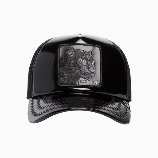 Obsidian Panther Puff Patent Trucker Hat