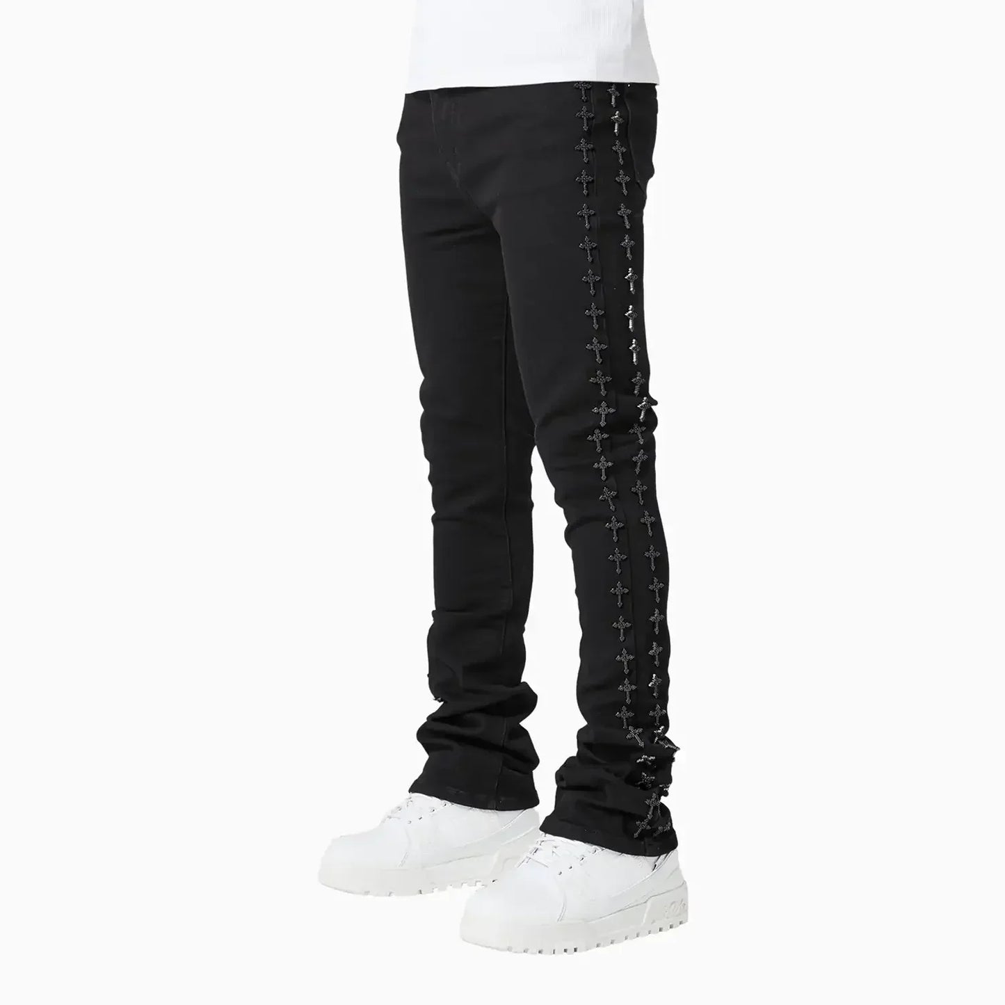 Men's All Black Crosses Embellished Denim Pant