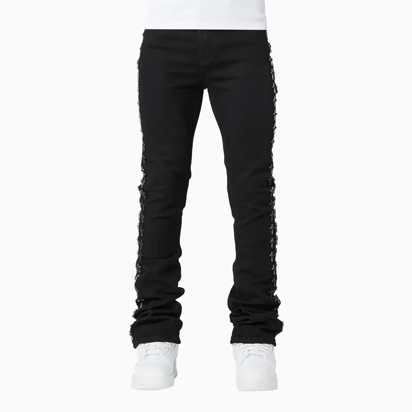 Men's All Black Crosses Embellished Denim Pant