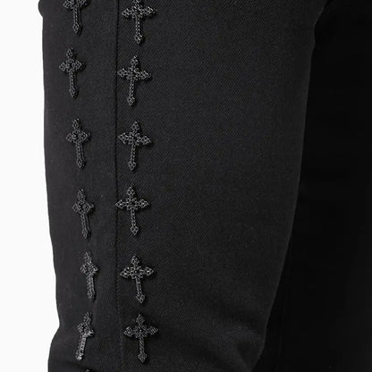 Men's All Black Crosses Embellished Denim Pant