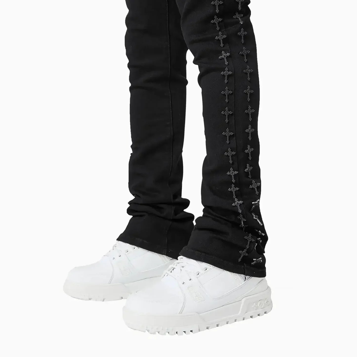 Men's All Black Crosses Embellished Denim Pant
