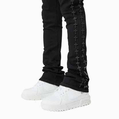 Men's All Black Crosses Embellished Denim Pant