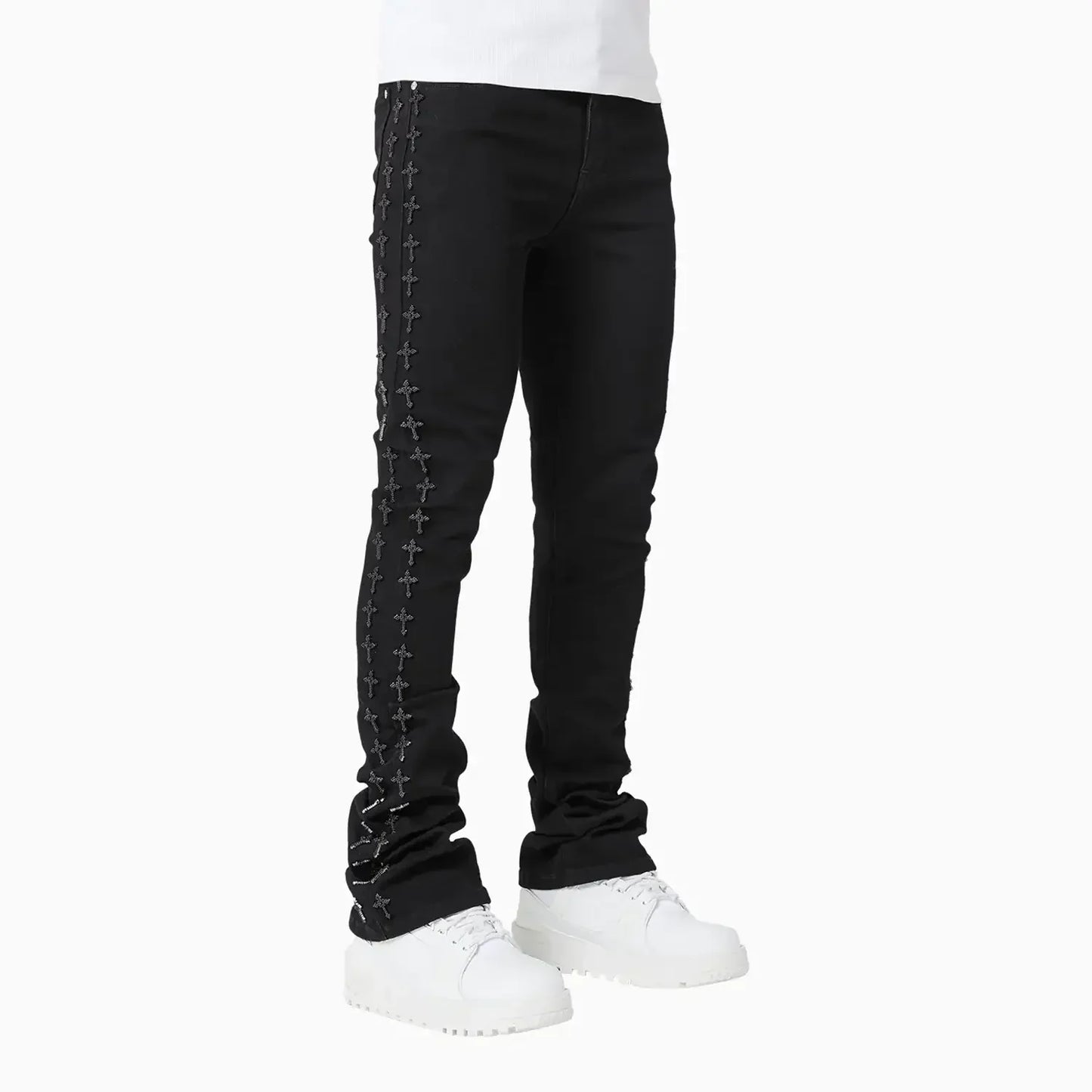 Men's All Black Crosses Embellished Denim Pant