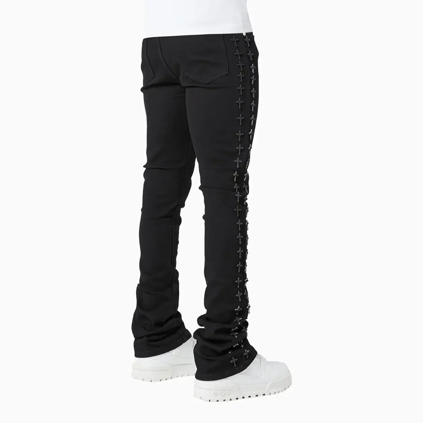 Men's All Black Crosses Embellished Denim Pant