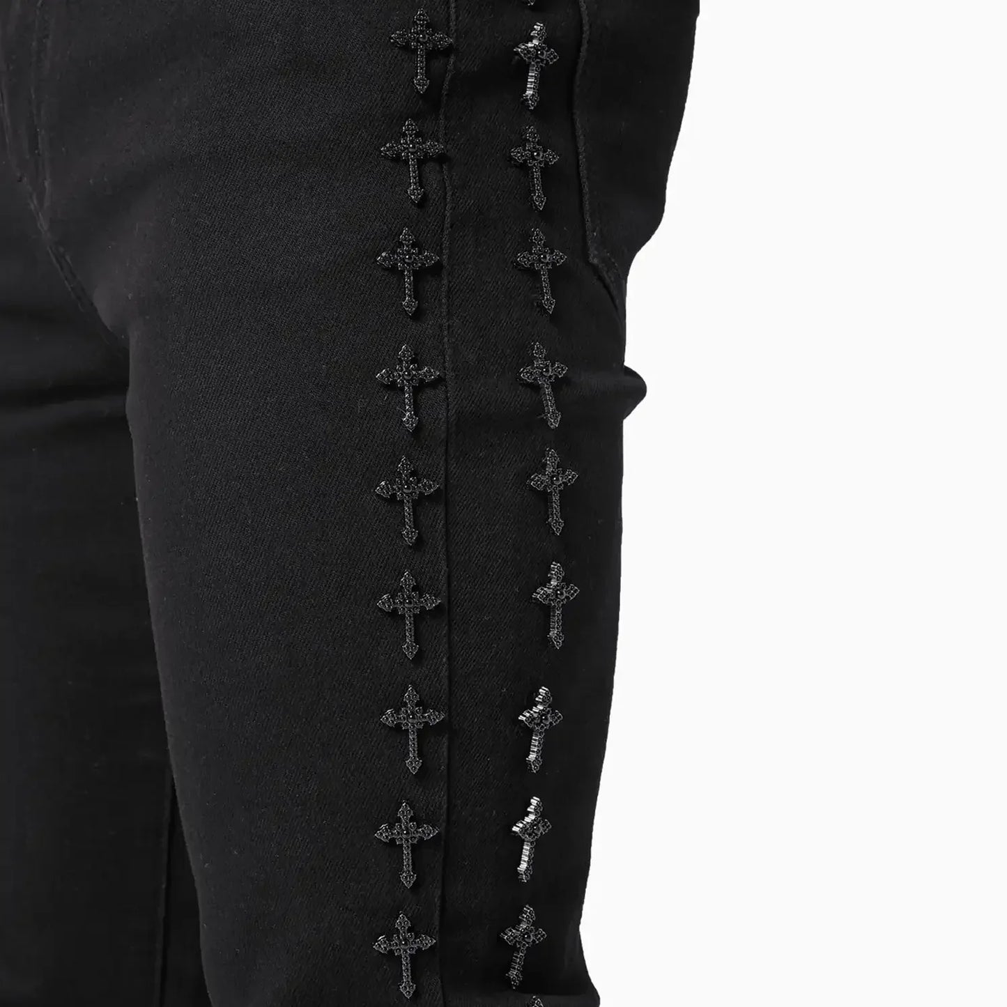 Men's All Black Crosses Embellished Denim Pant