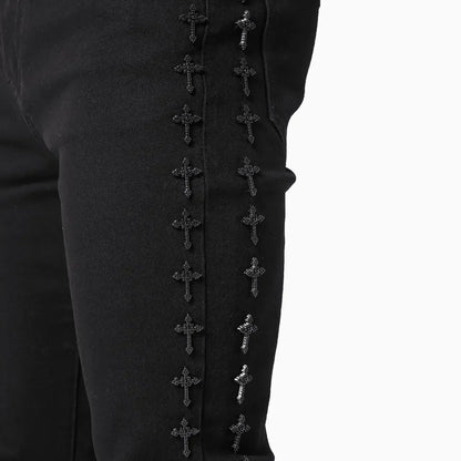 Men's All Black Crosses Embellished Denim Pant