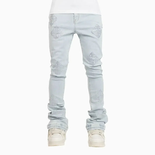 Men's Aqua Blue Icon Embellished Denim Pant