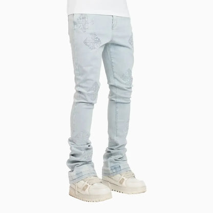 Men's Aqua Blue Icon Embellished Denim Pant