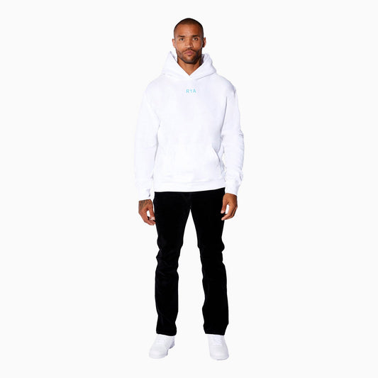 Men's  Fleece White Blue Front Small Logo Pull Over Hoodie