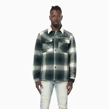 Men's Vegan Leather Collar Plaid Shacket Shirt