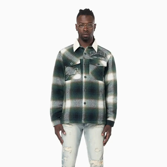 Men's Vegan Leather Collar Plaid Shacket Shirt