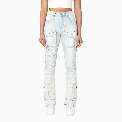 Women's High Rise Lightening Wash Stacked Jeans Pant