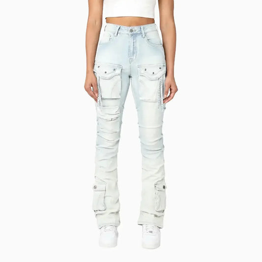 Women's High Rise Lightening Wash Stacked Jeans Pant