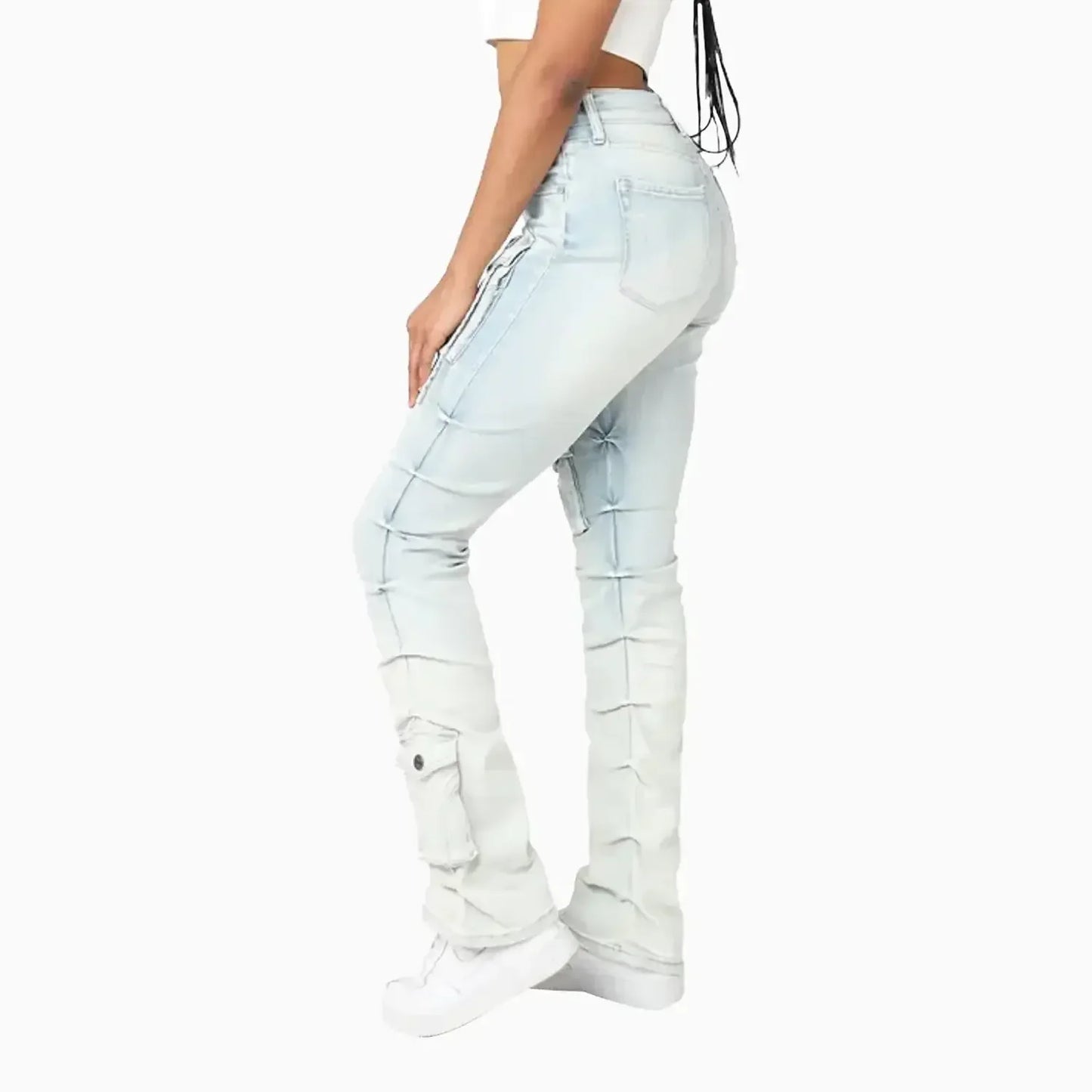 Women's High Rise Lightening Wash Stacked Jeans Pant